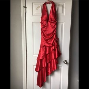Red Halter Party Formal Dress with Ruffled Side
